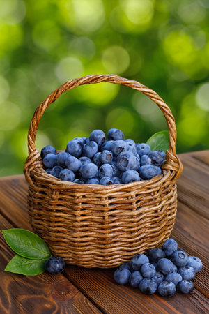 ripe big blueberries in wicker basket on wooden table outdoorsの写真素材