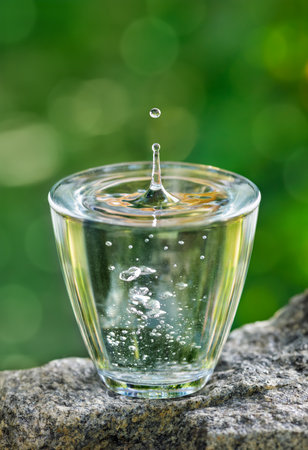 glass of drinking water with splash and drop on stoneの写真素材