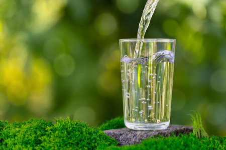 water pouring into glass on stone with mossの写真素材