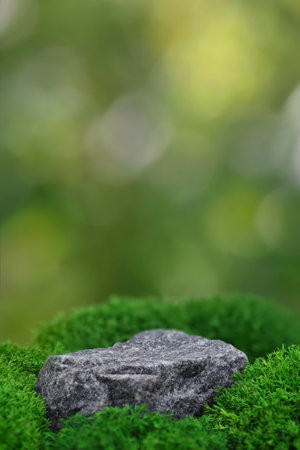 empty large stone as stand with green moss on natural background. Mockup for cosmetics and other products displayの写真素材