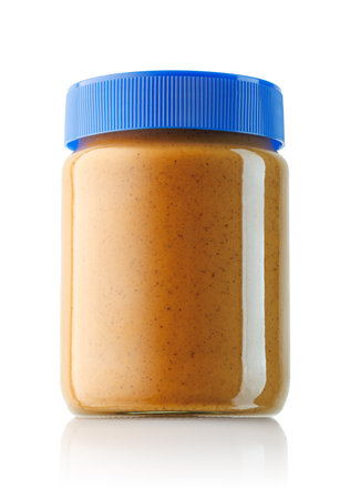 peanut butter in glass jarの写真素材