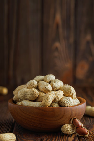 unshelled peanuts in bowl on tableの写真素材