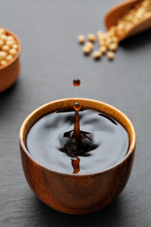 soy sauce with splash and drop in wooden bowl and dry soybeans in scoopの写真素材
