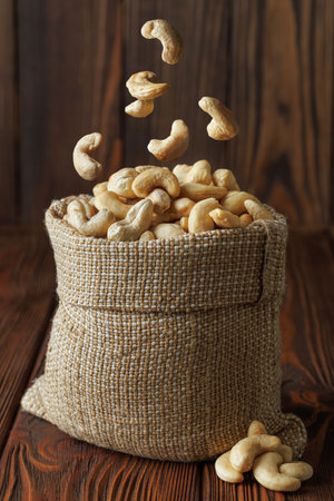 Cashew nuts cascading into burlap sack on rustic wooden table, creating an enticing arrangement of beloved snack rich in protein, vitamins and mineralsの写真素材