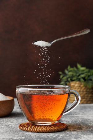 White sugar falling from teaspoon into glass cup of hot tea placed on coaster against dark brown backgroundの写真素材