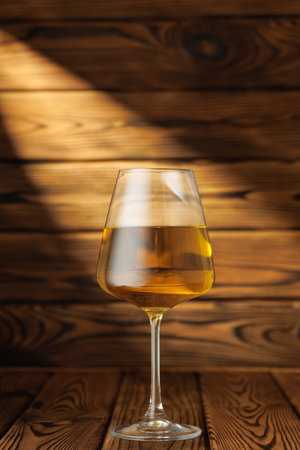 Glass white wine basks in dramatic beam of light, sitting elegantly on rustic wooden tableの写真素材