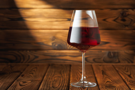 Glass red wine basks in dramatic beam of light, sitting elegantly on rustic wooden tableの写真素材