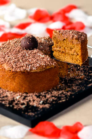 Romantic chocolate walnut cake with slice upの写真素材