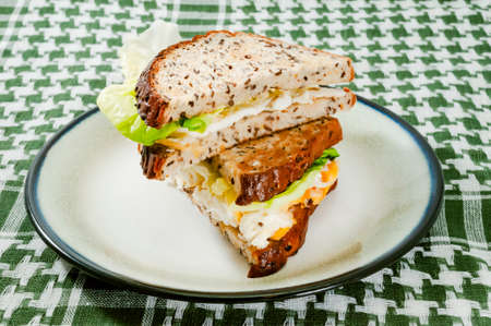 Vegetarian egg sandwich with fresh salad on the plate close up tabletopの写真素材