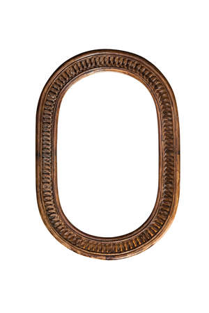 Wooden mirror frame border old oval brown on white background single one aged classic traditional decorative antique unique styleの写真素材