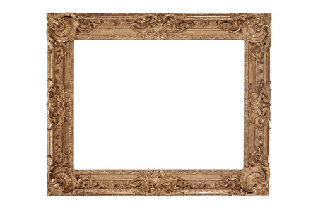 Wooden broad picture frame white background isolated detailed gold wide classicの写真素材