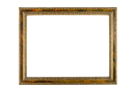 Wooden thin picture frame white background isolated detailed gold wideの写真素材