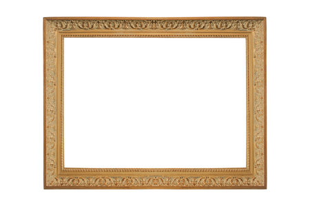 Wooden broad picture frame white background isolated detailed gold wideの写真素材