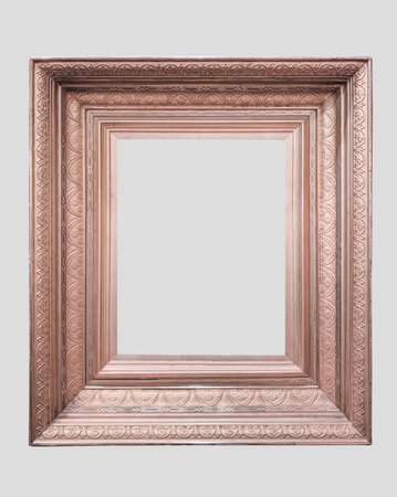 Rose gold metallic frame broad wide detaild classical gallery art luxury isolated light gray backgroundの写真素材