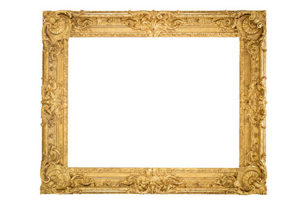 Wooden broad picture frame white background isolated detailed gold wide classical look gallery rich poshの写真素材
