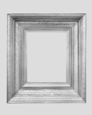 Silver white metallic frame broad wide detaild classical gallery art luxury isolated light gray backgroundの写真素材