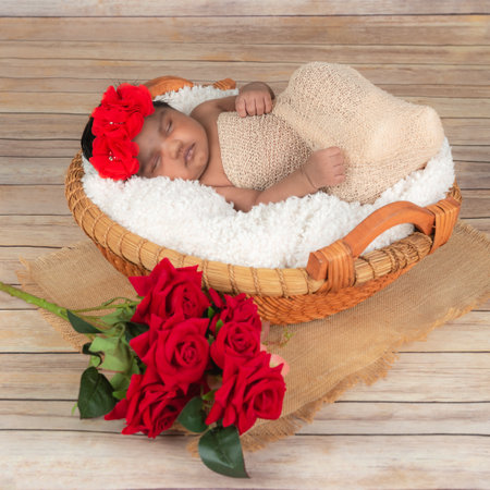 Baby girl sleeping studio photoshoot roses and basket set up wooden floorの写真素材