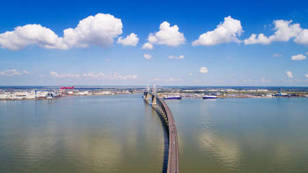 Aerial photography of the famous Saint Nazaire suspended bridge in Loire Atlantique, Franceの写真素材