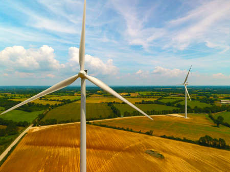 Aerial photo of wind turbines in a field near Sainte Pazanneの写真素材