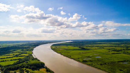 Aerial view of The Loire river and Cordemais power plantの写真素材