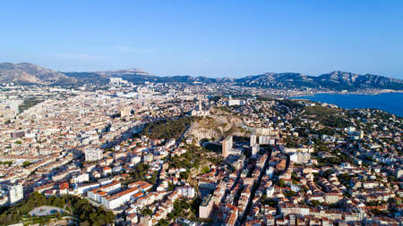 Aerial view of Notre Dame de la Garde in Marseilleの写真素材