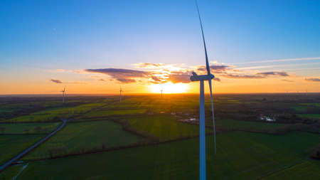 Aerial photography of windmills at sunset in Sainte Pazanne, Loire Atlantique, Franceの写真素材