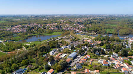 Aerial photo of the Loiry park and the Sevre Nantaise river in Vertou, Loire Atlantiqueの写真素材