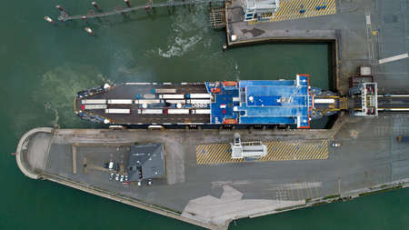 Aerial view of a ferry boat in Calais port, Franceのeditorial素材