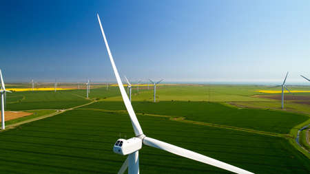 Aerial photo of wind turbines in the fields, Rye, Sussexの写真素材