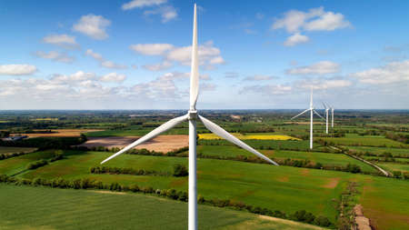 Aerial view of wind turbines in the fields, La Marneの写真素材