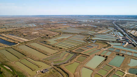 Aerial view of oysters farms in Marennes, Charente Maritimeのeditorial素材