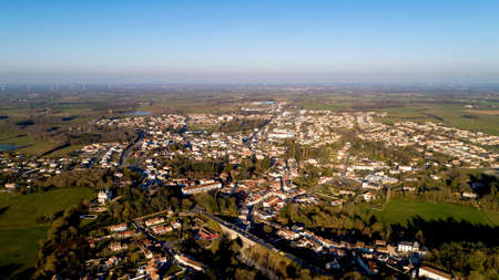 Aerial photo of Rocheserviere in Vendee, at sunsetの写真素材