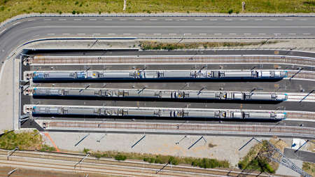 Aerial photography of trains in Nantes Blottereau stationの写真素材