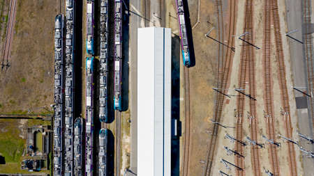 Aerial photography of trains in Nantes Blottereau stationの写真素材