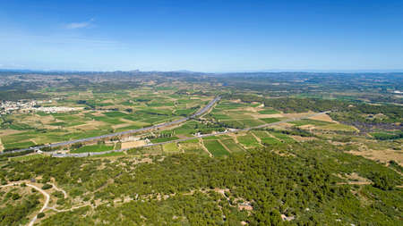 Aerial view of the A9 highway in the Corbieres, Franceの写真素材