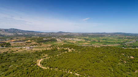 Aerial view of Roquefort des Corbieres in the Audeの写真素材
