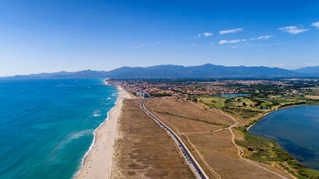 Aerial view of Saint Cyprien beach in the Pyrenees Orientalesの写真素材