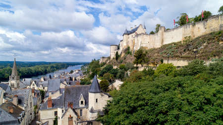 Aerial photo of Chinon medieval fortress in Indre and Loireのeditorial素材