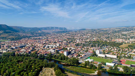 Aerial view of Millau city at sunriseの写真素材