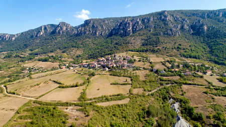 Aerial view of Liaucous hamlet in the Gorges du Tarn, Aveyronの写真素材