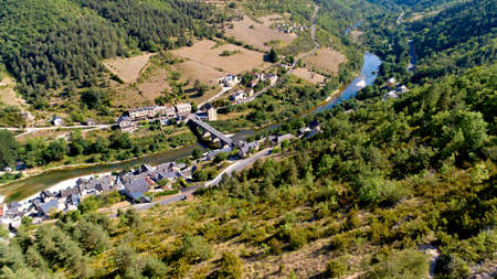 Aerial view of Les Vignes village in the Gorges du Tarnの写真素材