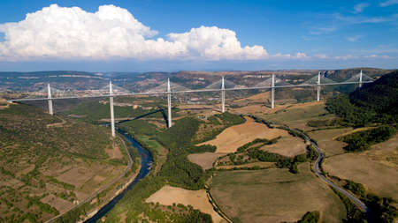 Aerial view of Millau city and Viaduct in the Aveyron