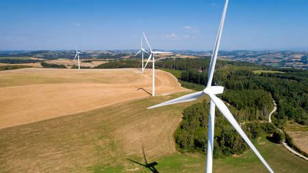 Aerial photo of wind turbines in the fields, Aveyronの写真素材