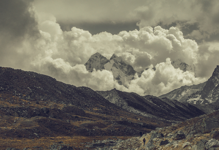 Highest mountain peaks. Panoramic view of Himalaya mountain. Way to Everest base camp, Khumbu valley, Sagarmatha national park.の写真素材
