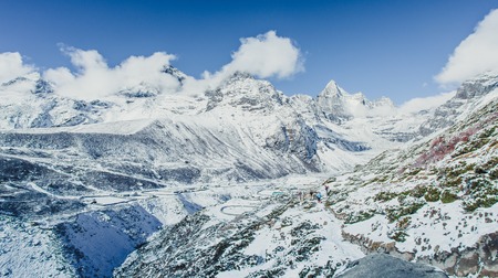 Snow mountain peaks on Ama Dablam. Panoramic view of Himalaya mountain. Way to Everest base camp, Khumbu valley, Sagarmatha national park.の写真素材