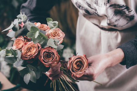 Modern flower bouquet from professional florist in flower shop for wedding or other celebrationの写真素材