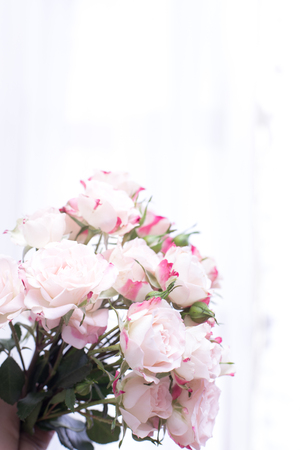 Flower bouquet of pink roses on white background for wedding or other celebrationの写真素材