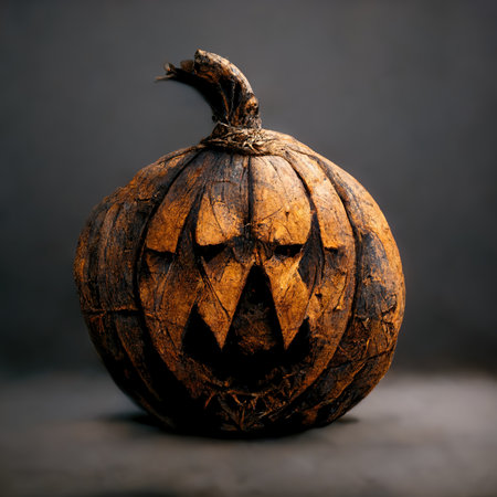 Jack-o-Lantern Halloween pumpkin grinning face. Horror and evil night October party. Fantasy spooky event with tradition vegetable lantern. Autumn holiday decoration digital art illustrationの素材