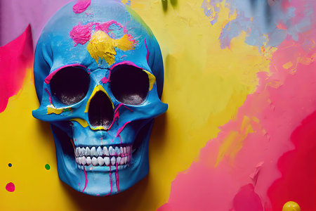 Colorful skull over multicolored background copy space. Paint brush strokes blobs and splashes frame and human head bone. Mexican party of dead concept. Digital art poster bannerの素材
