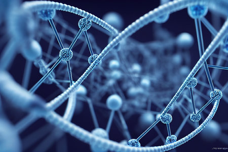 DNA gene helix spiral molecule structure. Polygonal gene cell under cinematic light. Medical science, genetic biotechnology, chemistry biology concept. innovation technology and bioengineeringの素材